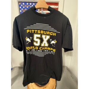 Pittsburgh Penguins 5X World Champs T-Shirt‎ Hockey NHL Black Mens
